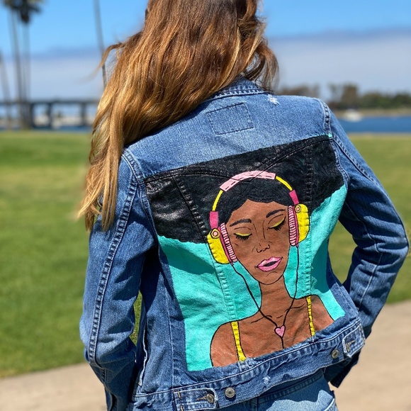 Afro DJ handprinted jacket - wearable art - Picture 2 of 7